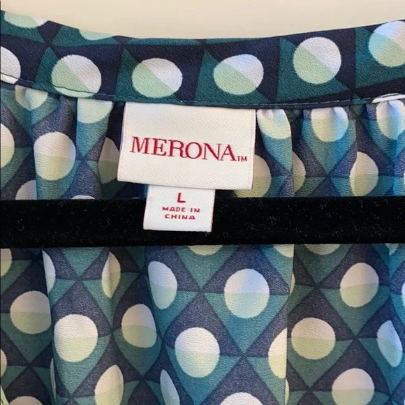 Green, Navy and White Tie Dressy Top SzL - Picture 4 of 7